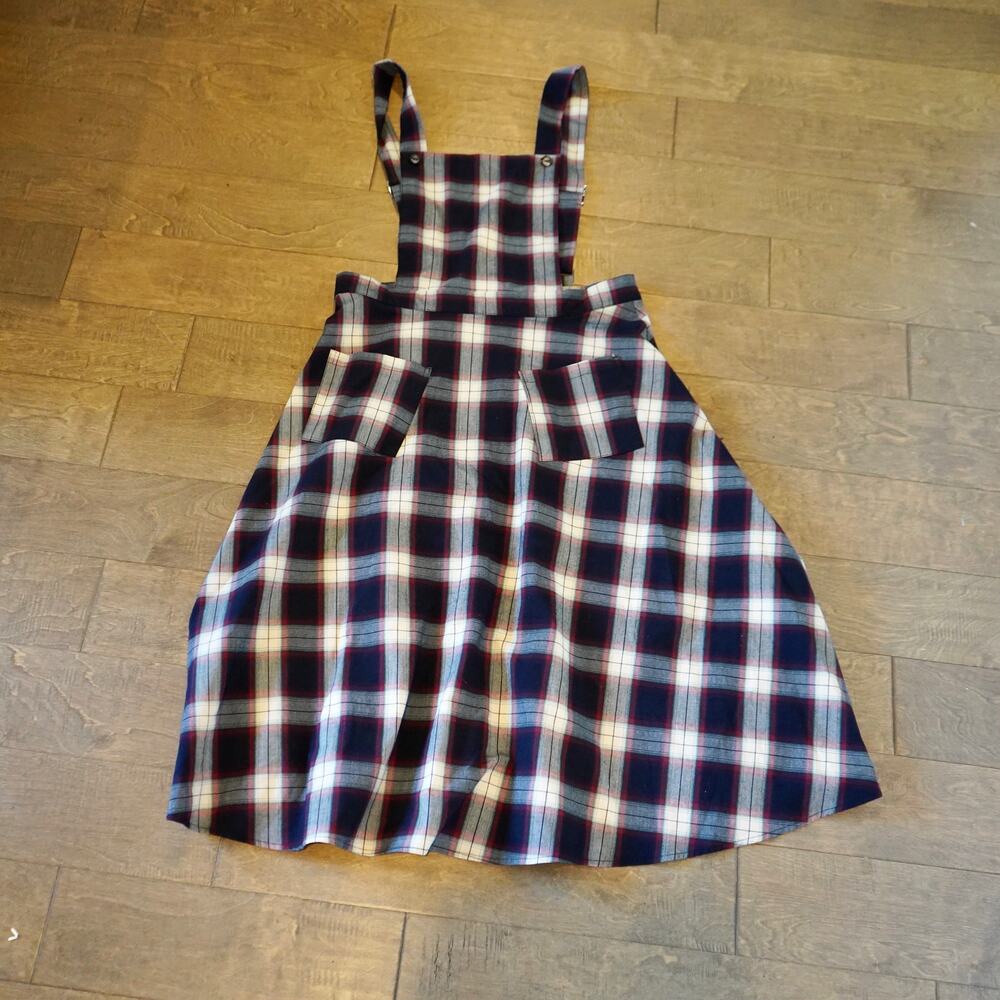 Royal Monk Plaid Pinafore Overall Dress XL Navy Red Tartan Pockets Banned